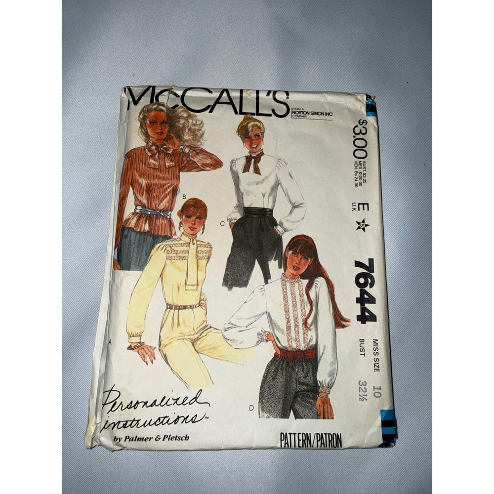 Vintage‎ 1981 McCalls 7644 Sewing Pattern Misses Blouse Tie Collar Size 10  32.5